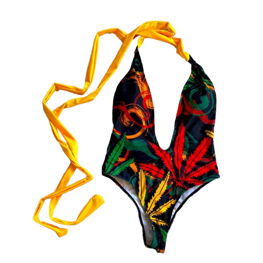 Jamaican Ganja pattern one piece high cut swimsuit deep plunge front wrap NWOT